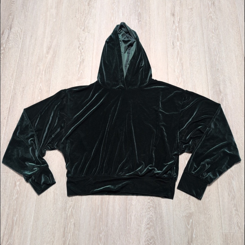 Express Green Velvet Banded Bottom Cropped Hoodie Womens L‎ Pullover Sweatshirt